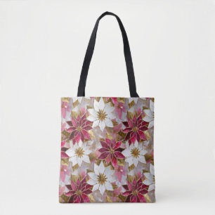Tote Bag Blanc Or Bourgogne rose Poinsettias de Noël