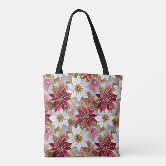 Tote Bag Blanc Or Bourgogne rose Poinsettias de Noël (Dos)