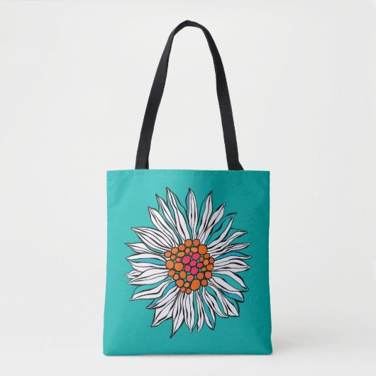 Tote Bag Blanc Turquoise orange rouge marguerite (Devant)