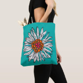 Tote Bag Blanc Turquoise orange rouge marguerite (De près)