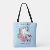 Tote Bag Blanc Unicorne rose Fleurs Bleu (Dos)