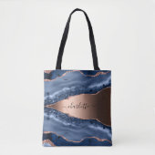 Tote Bag Bleu agate marbre rose or nom script (Devant)