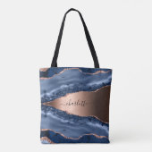 Tote Bag Bleu agate marbre rose or nom script (Dos)