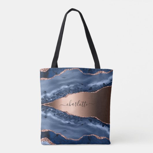 Tote Bag Bleu agate marbre rose or nom script (Dos)