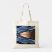 Tote Bag Bleu agate marbre rose or nom script (Dos)