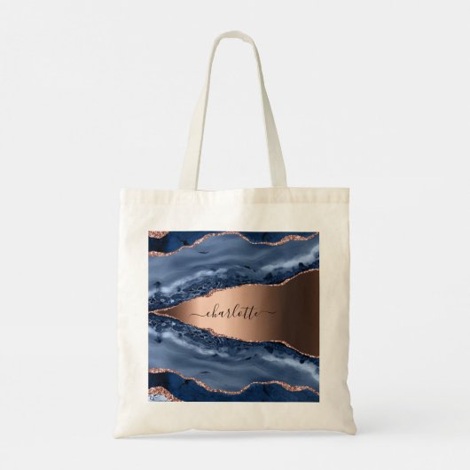 Tote Bag Bleu agate marbre rose or nom script (Dos)