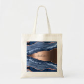 Tote Bag Bleu agate marbre rose or nom script (Devant)