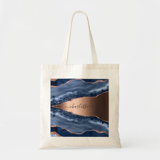 Tote Bag Bleu agate marbre rose or nom script (Devant)