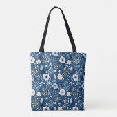 Tote Bag Bleu avec des fleurs blanches et jaunes jolies (Dos)