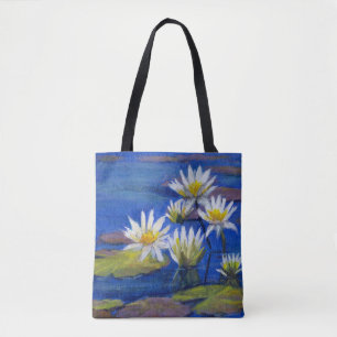 Tote Bag Bleu avec le lis blanc, vert avec le lis rose