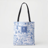 Tote Bag Bleu Blanc Chinoiserie Oiseau Peony Jardin Monogra (Devant)