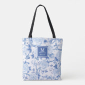 Tote Bag Bleu Blanc Chinoiserie Oiseau Peony Jardin Monogra (Dos)