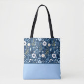 Tote Bag Bleu, Blanc, Fleurs Jaunes Bloc de couleurs (Devant)