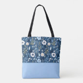 Tote Bag Bleu, Blanc, Fleurs Jaunes Bloc de couleurs (Dos)