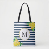 Tote Bag Bleu Bleu Blancs Été Monogramme de citron (Devant)