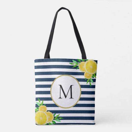 Tote Bag Bleu Bleu Blancs Été Monogramme de citron (Dos)