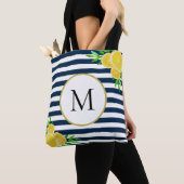Tote Bag Bleu Bleu Blancs Été Monogramme de citron (De près)