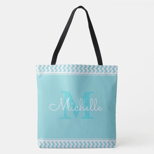 Tote Bag Bleu Chevron Monogrammé (Devant)