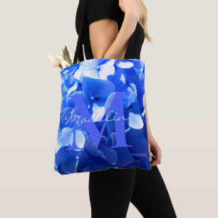 Tote Bag Bleu cobalt floral élégant calligraphie bleue