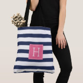Tote Bag Bleu de marine et monogramme rose (De près)