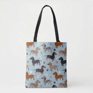 Tote Bag Bleu de motif de pattes et d'os de teckel