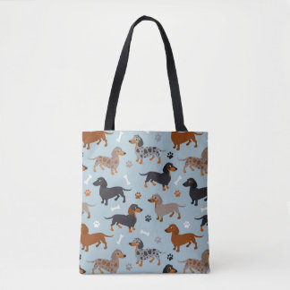 Tote Bag Bleu de motif de pattes et d'os de teckel