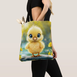 Tote Bag Bleu de poulet moelleux jaune soleil - Oiseau aux