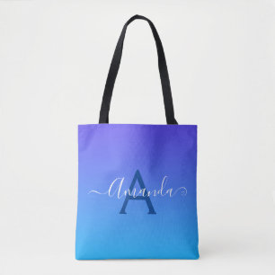 Tote Bag Bleu dégradé élégant Monogramme et nom