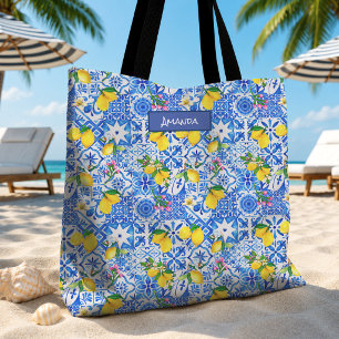 Tote Bag Bleu d'été Sicilien Majolique Méditerranéen Citrus