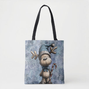 Tote Bag Bleu d'hiver Noël Mignon Renne Avec Chapeau