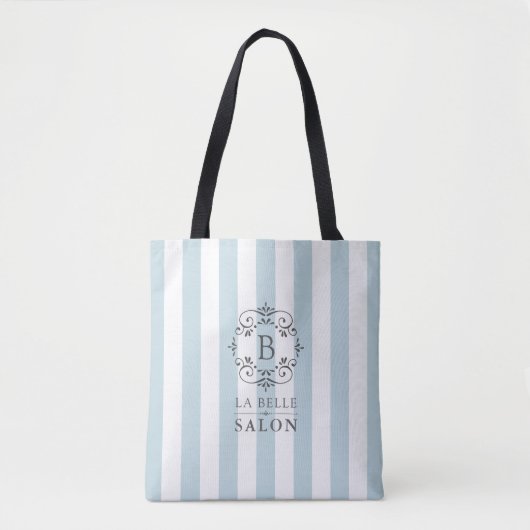 Tote Bag Bleu et blanc frise avec Monogramme (Devant)