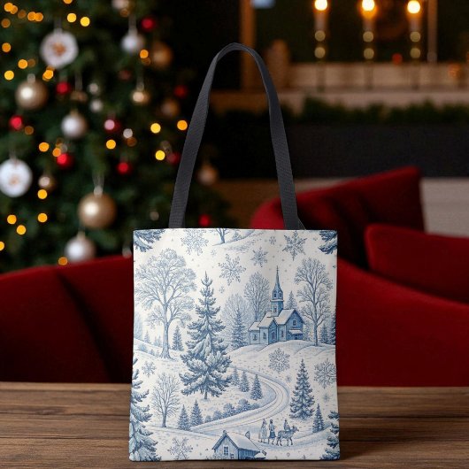Tote Bag Bleu et blanc L'église de Noël La scène d'hiver To