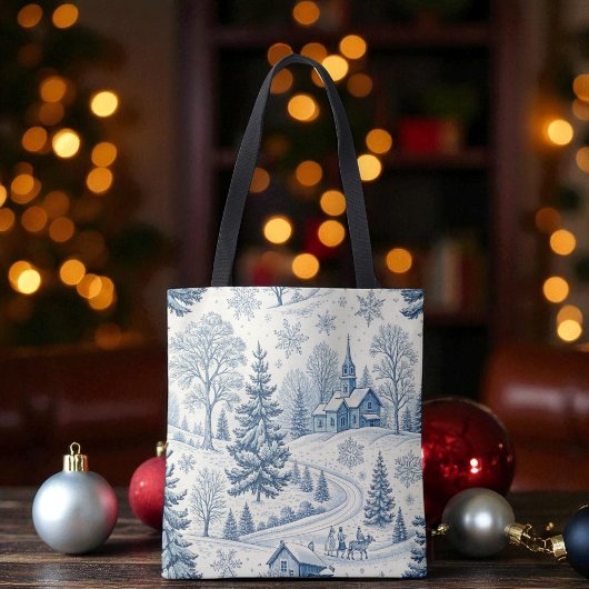 Tote Bag Bleu et blanc L'église de Noël La scène d'hiver To