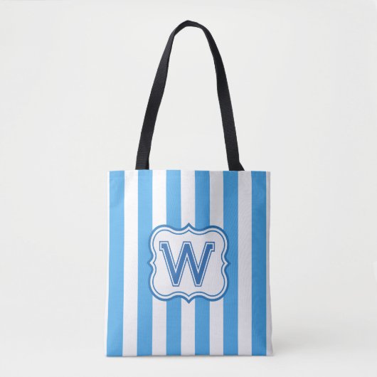 Tote Bag Bleu et blanc monogramme tendance large bande (Devant)