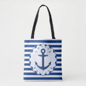 Tote Bag Bleu et blanc Trait horizontal avec Ancre (Devant)