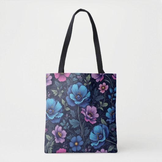 Tote Bag Bleu et fleurs mauves (Devant)