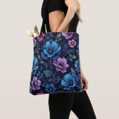 Tote Bag Bleu et fleurs mauves (De près)