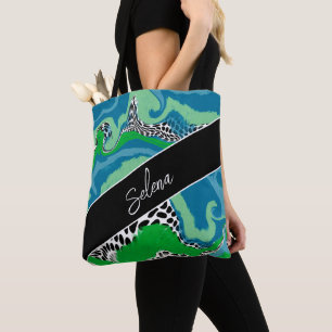 Tote Bag Bleu et Sage Green Fluid Art Personnalisé