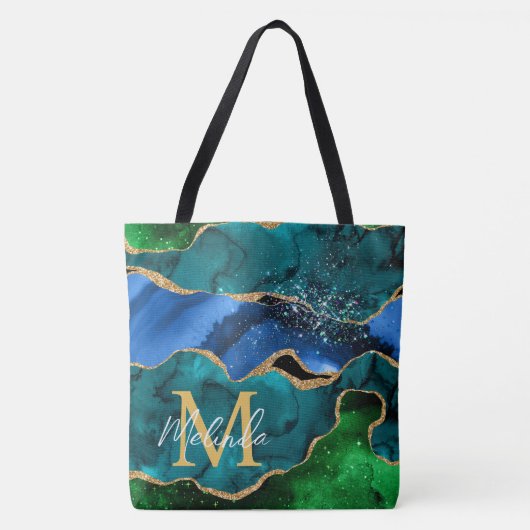 Tote Bag Bleu et vert Peacock Faux Parties scintillant Agat (Devant)
