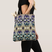 Tote Bag Bleu ethnique, ikat beige  (De près)