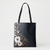 Tote Bag Bleu foncé avec or et fleurs blanches (Devant)