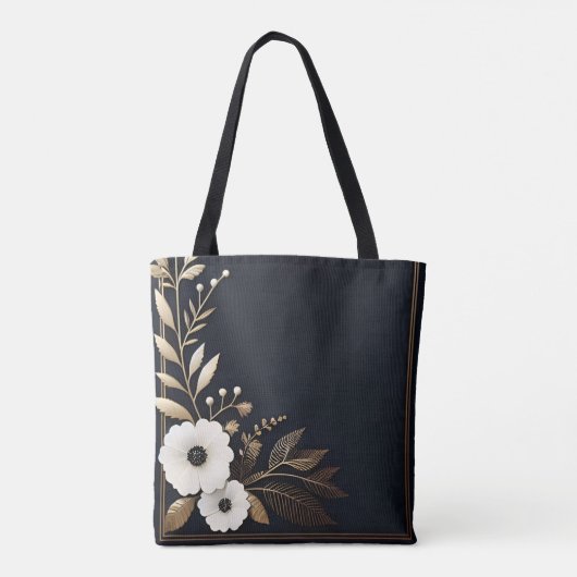 Tote Bag Bleu foncé avec or et fleurs blanches (Dos)