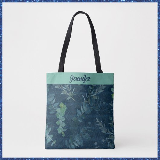Tote Bag Bleu foncé et Feuilles verts Turquoises