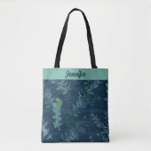 Tote Bag Bleu foncé et Feuilles verts Turquoises (Devant)