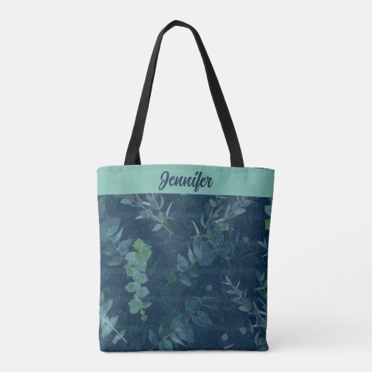 Tote Bag Bleu foncé et Feuilles verts Turquoises (Dos)
