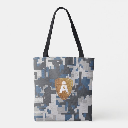Tote Bag Bleu gris briques militaires avec votre Monogramme (Dos)