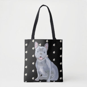 Tote Bag Bleu gris français Bulldog avec marguerites
