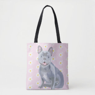 Tote Bag Bleu gris français Bulldog avec marguerites