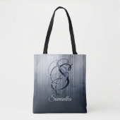 Tote Bag Bleu Gris monogramme rustique ombré rayé (Devant)