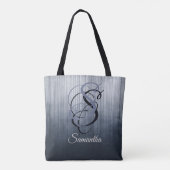 Tote Bag Bleu Gris monogramme rustique ombré rayé (Dos)